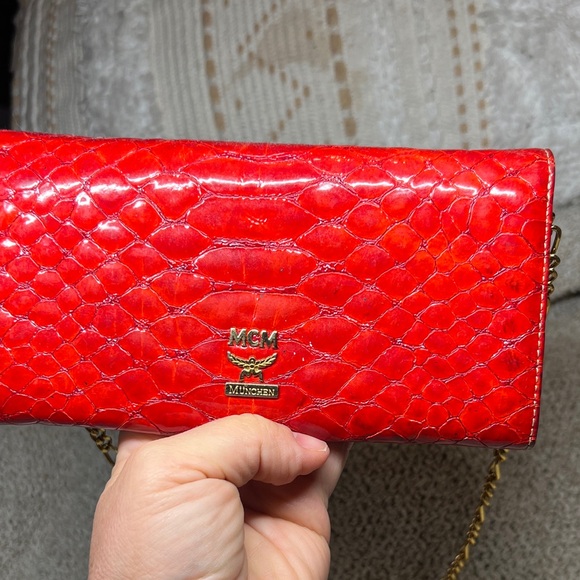 MCM Red Crocodile Embossed Clutch with Gold Chain - Picture 8 of 17